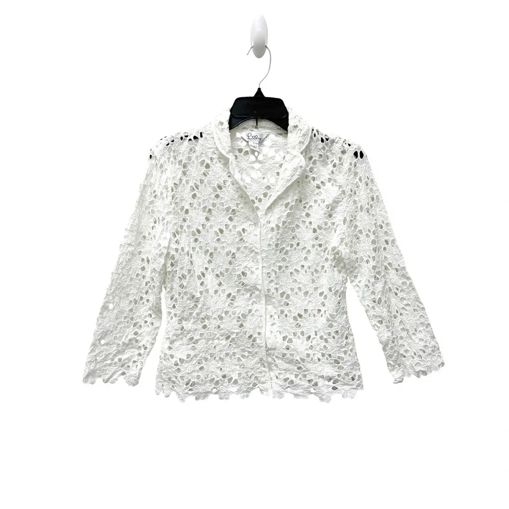 Vintage Lilly Pulitzer White Cotton Eyelet Lace Button Down Shirt Rose Buttons